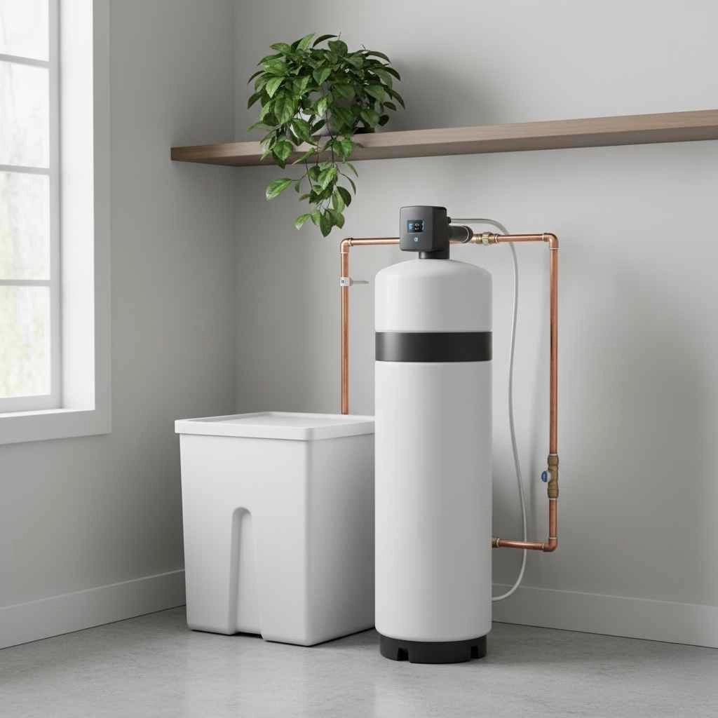 Clean, modern water softener system installed in home