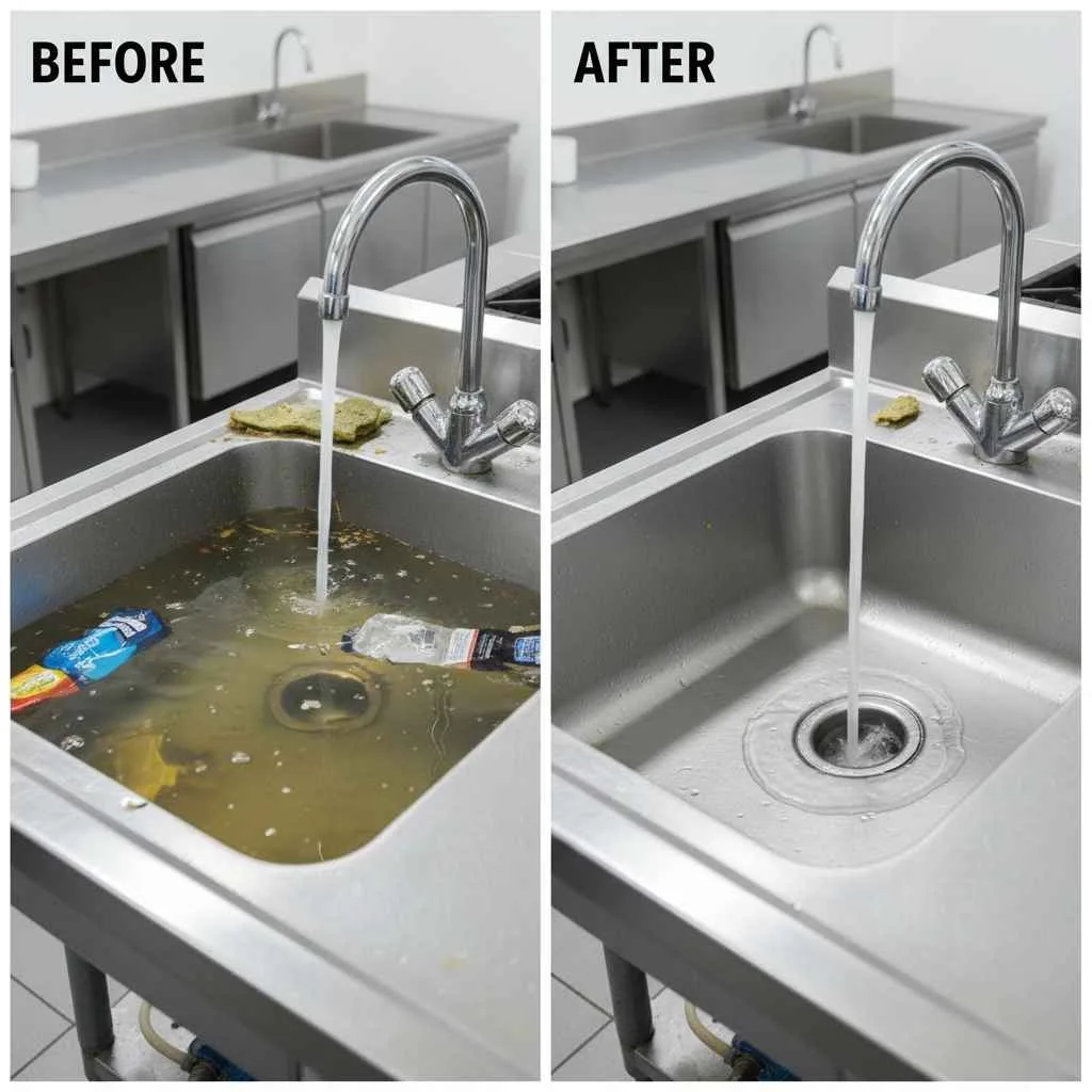 Clogged commercial sink before and after drain cleaning