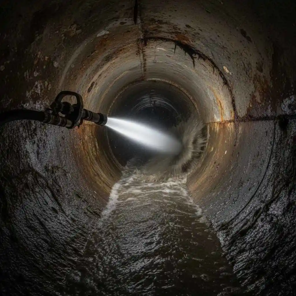 Close-up of hydro jetting nozzle spraying inside a pipe