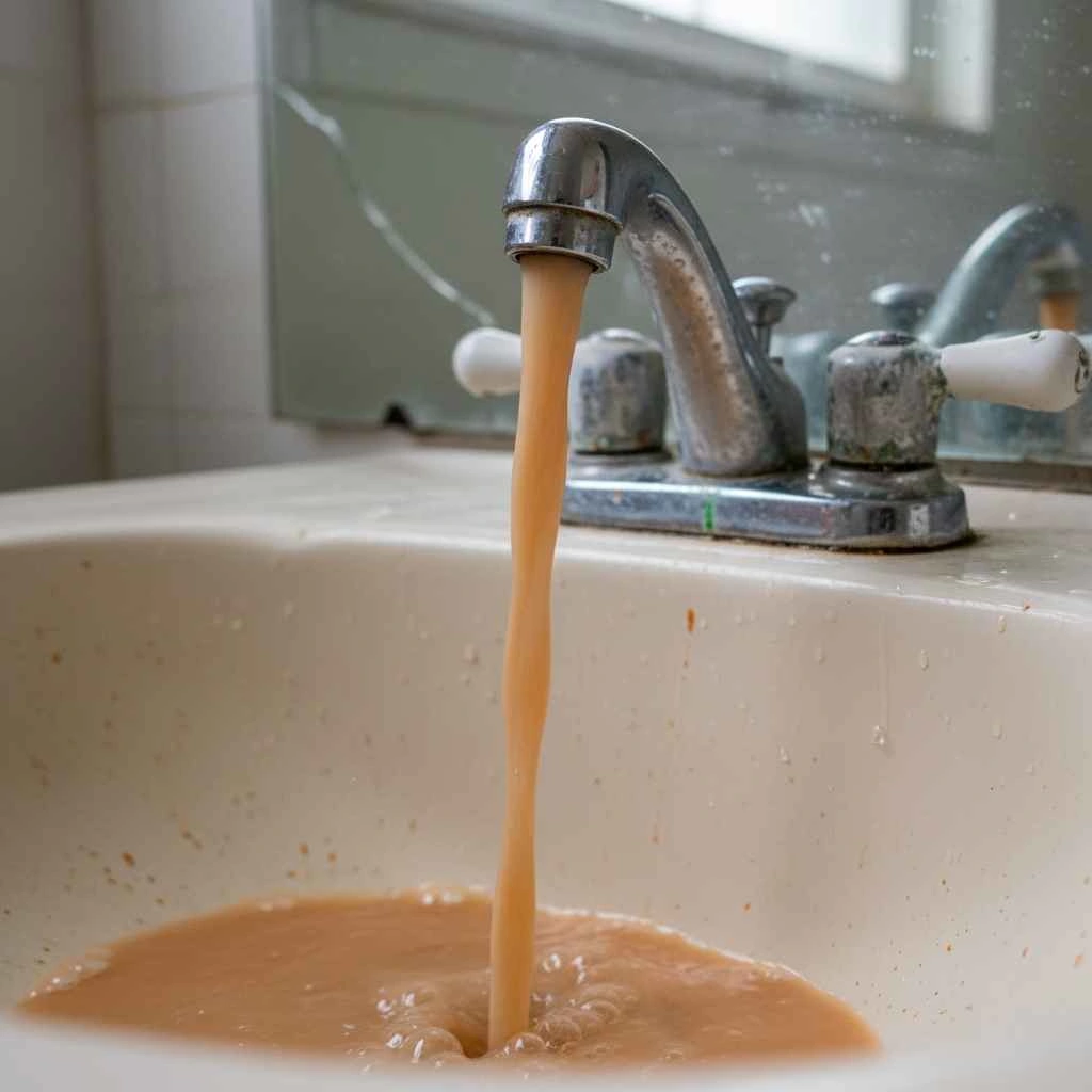 Cloudy tap water pouring into a sink