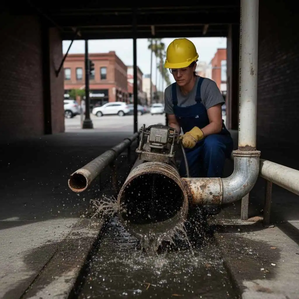 Commercial plumber cleaning a business drain in Stockton