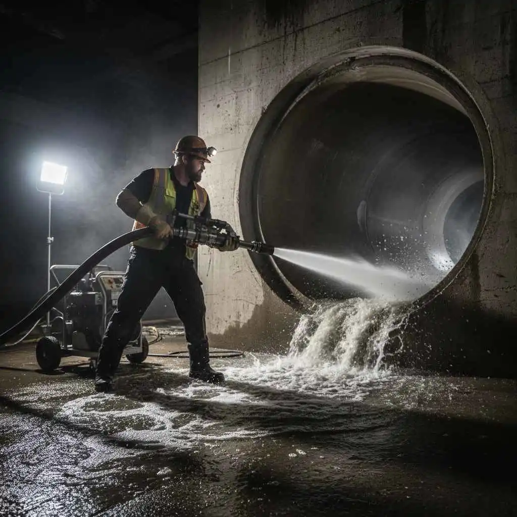 Commercial plumber performing hydro jetting on a large sewer system