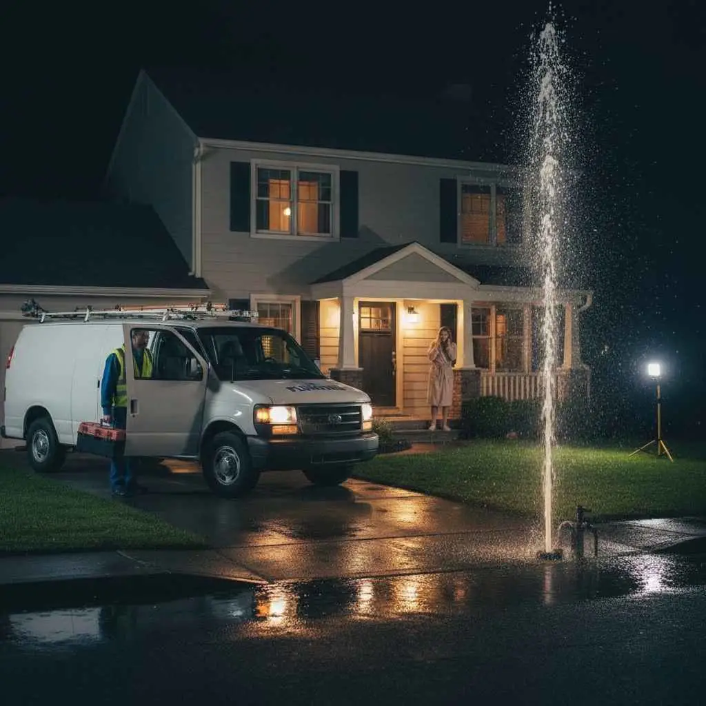 Emergency plumber arriving at a Stockton home at night