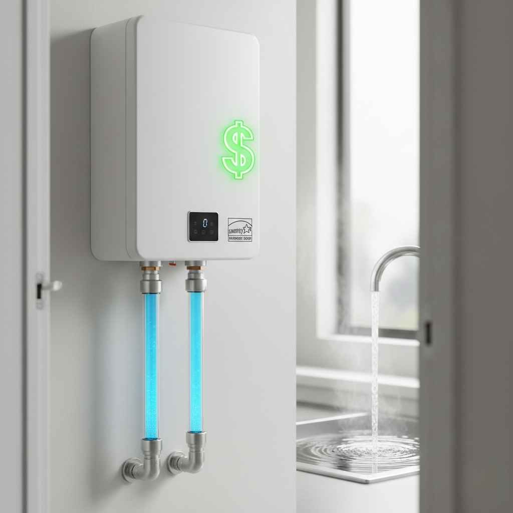 Energy-efficient tankless water heater in operation