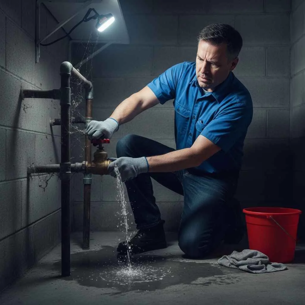 Homeowner turning off the main water valve