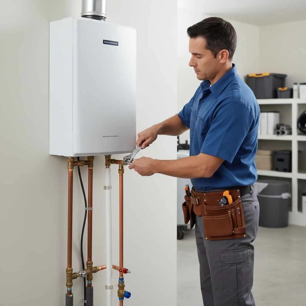 Licensed plumber installing a tankless water heater
