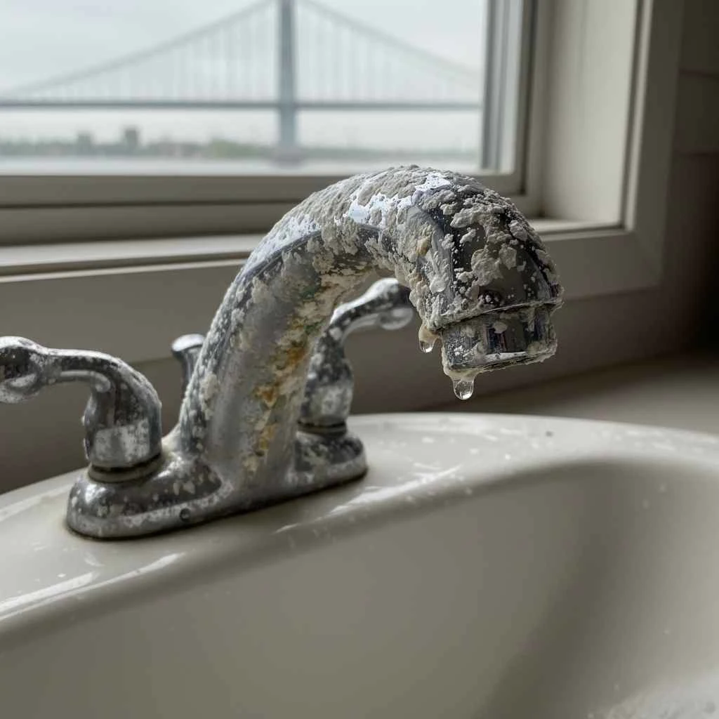 Mineral scale buildup on a Stockton faucet or showerhead
