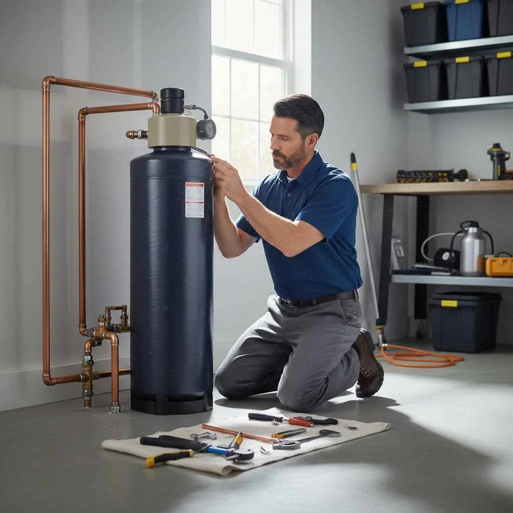Professional plumber installing a water softener system
