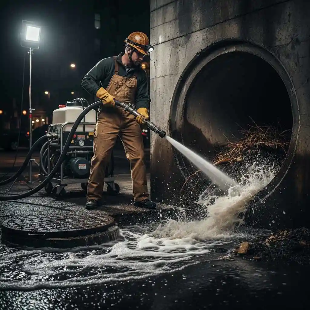 Professional plumber using hydro jetting equipment on a sewer line