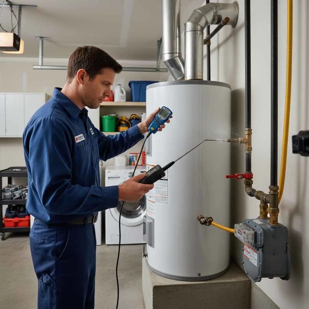 Technician inspecting a gas line near a water heater