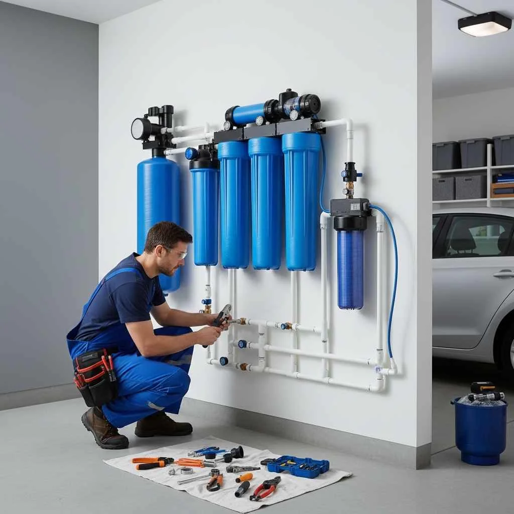 Technician installing a whole-home water filtration system
