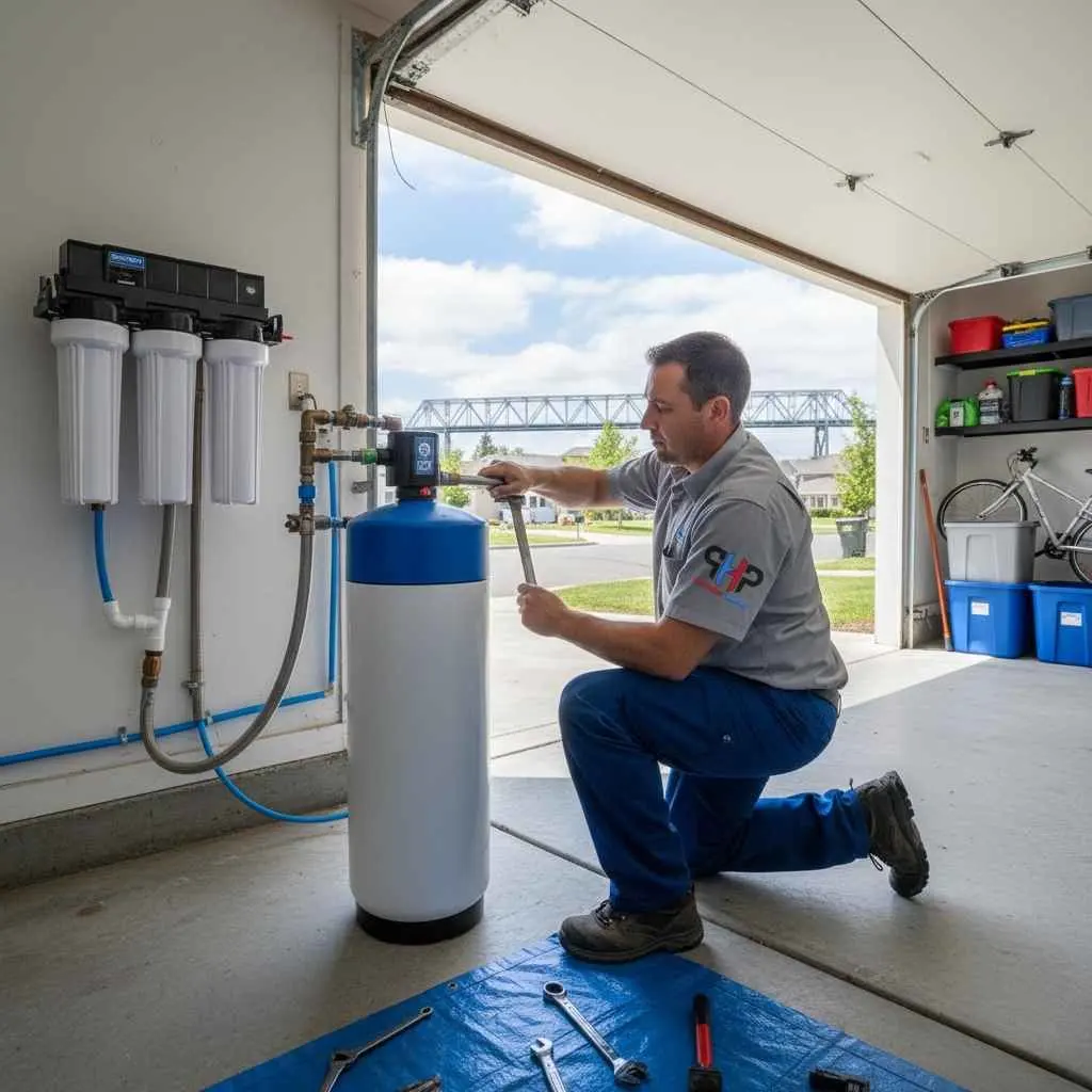 Technician installing a whole-home water system in a Stockton garage