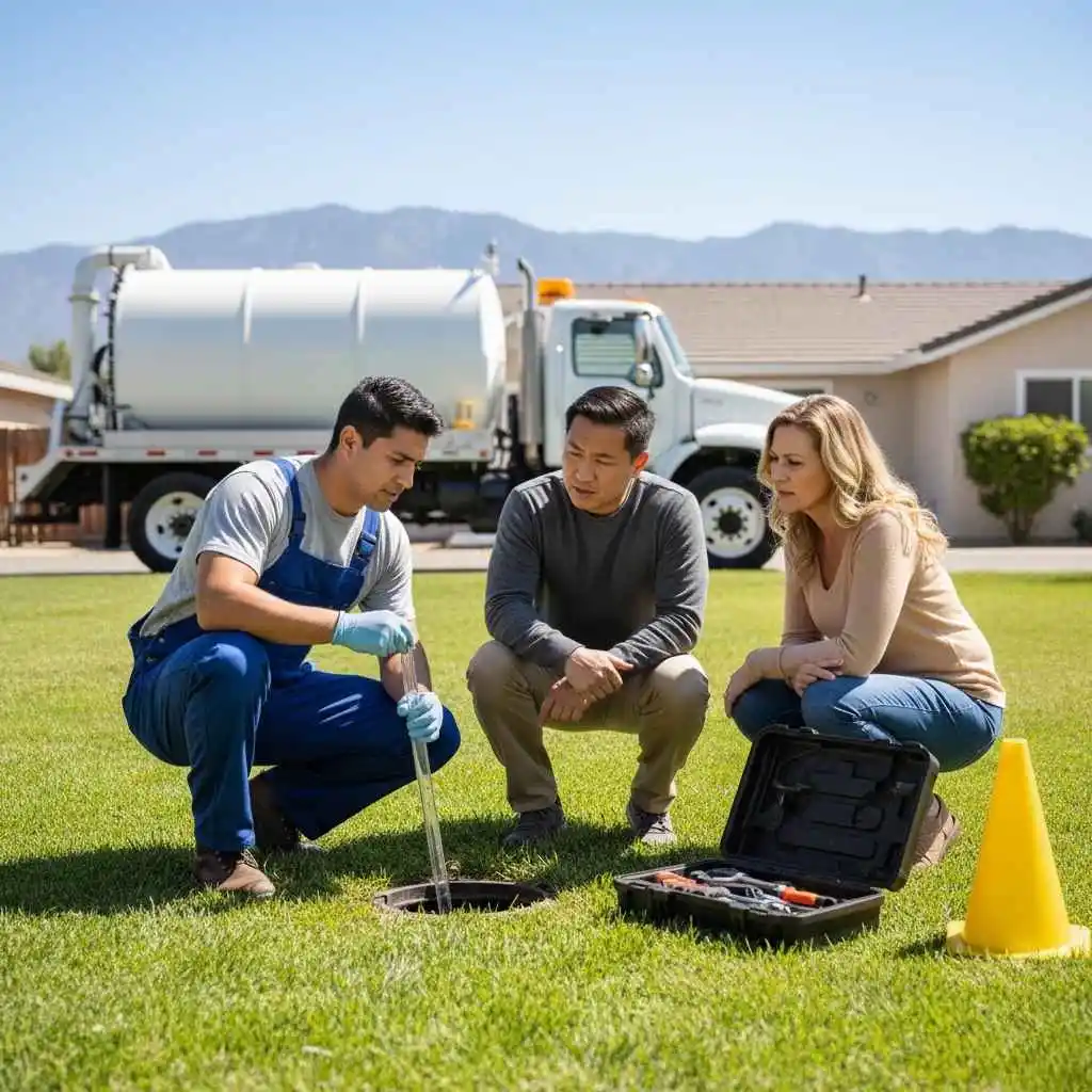 image of septic tank inspection by professionals in a Stockton backyard