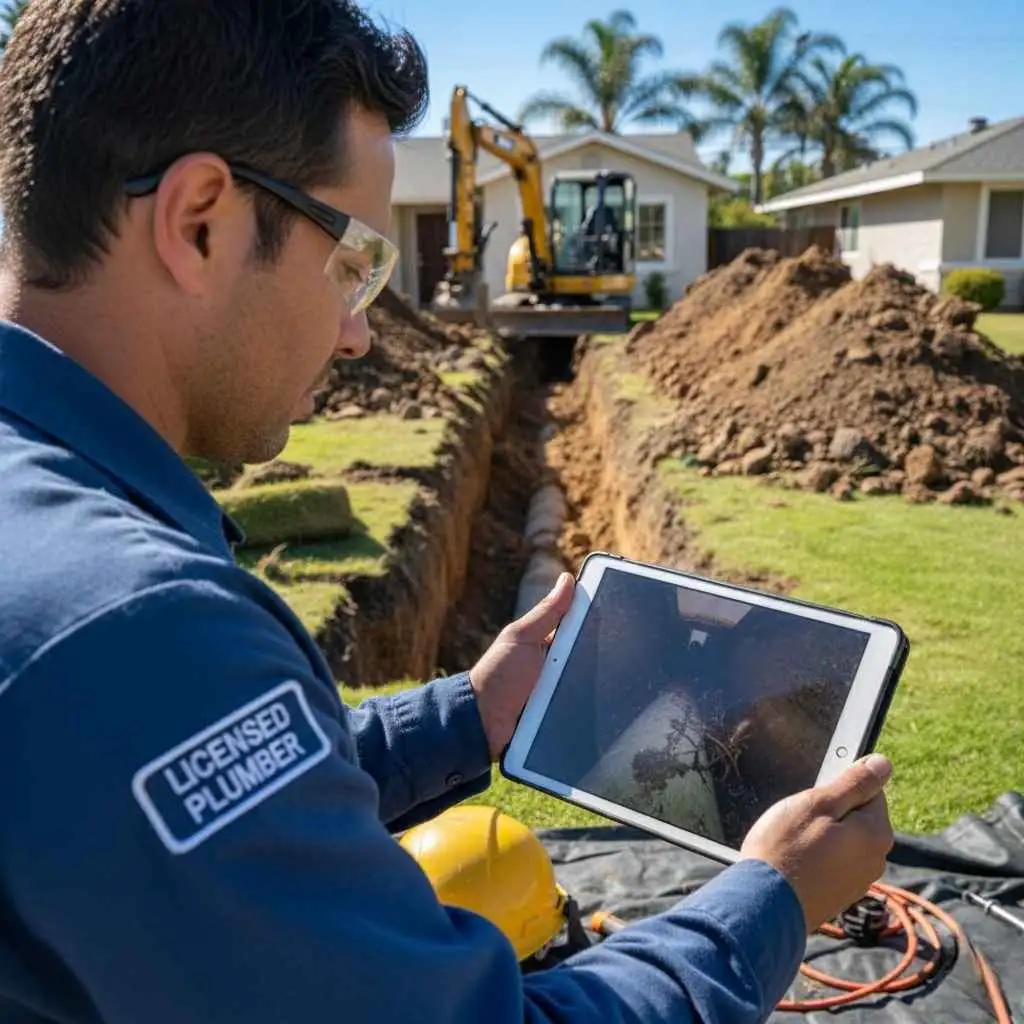 licensed plumber reviewing sewer camera inspection footage
