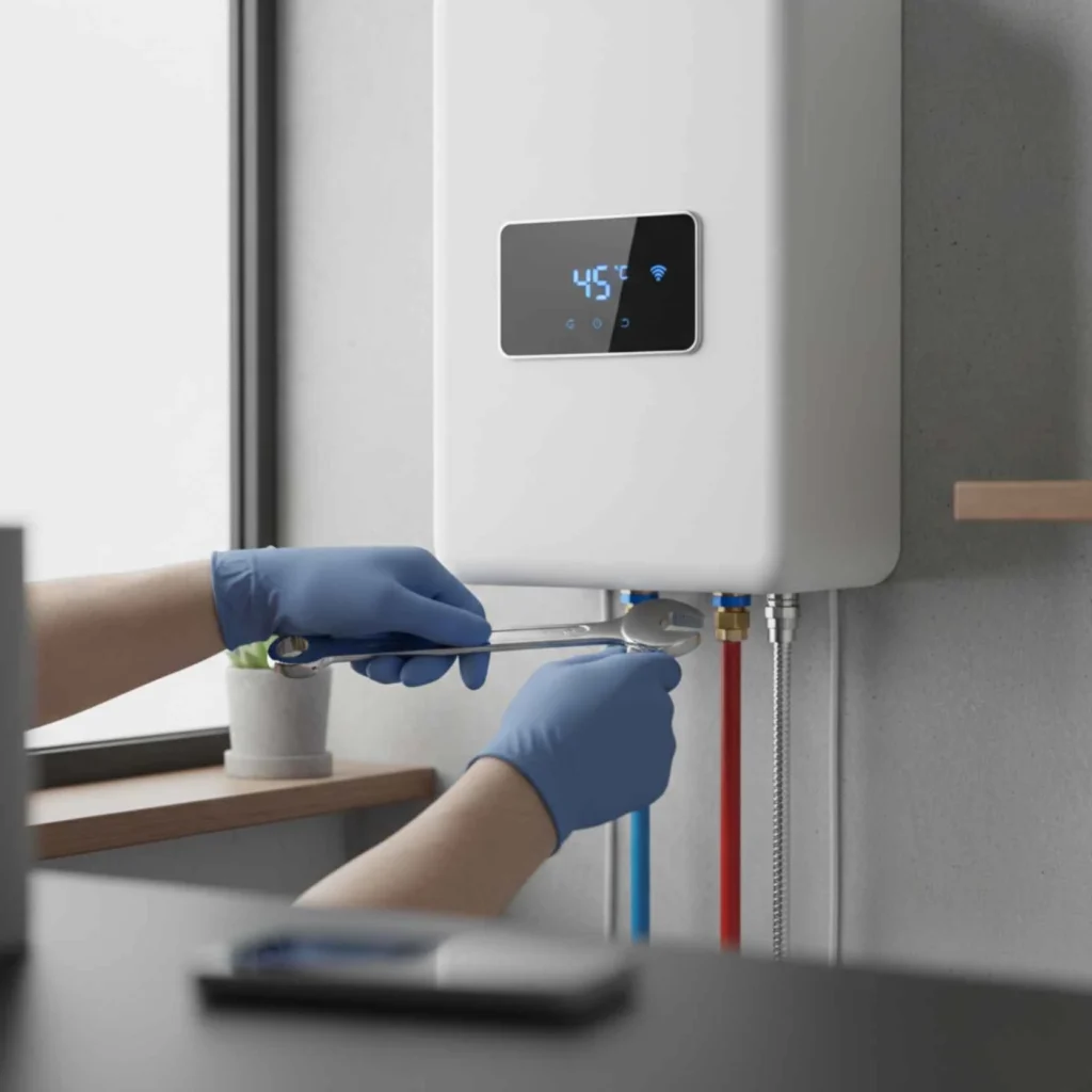 professional plumber installing tankless heater