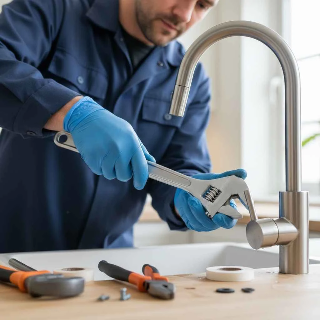 professional plumber repairing a faucet