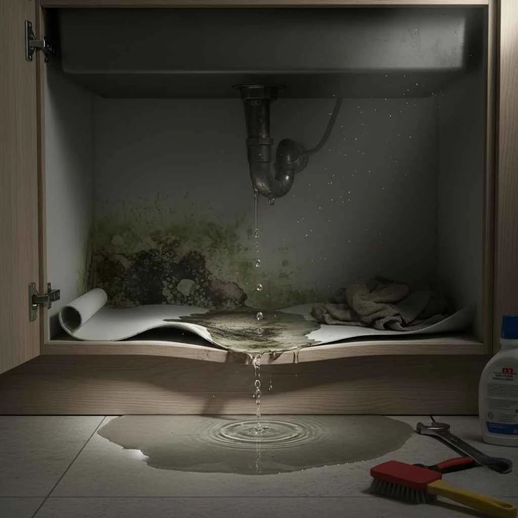 water damage under a sink cabinet