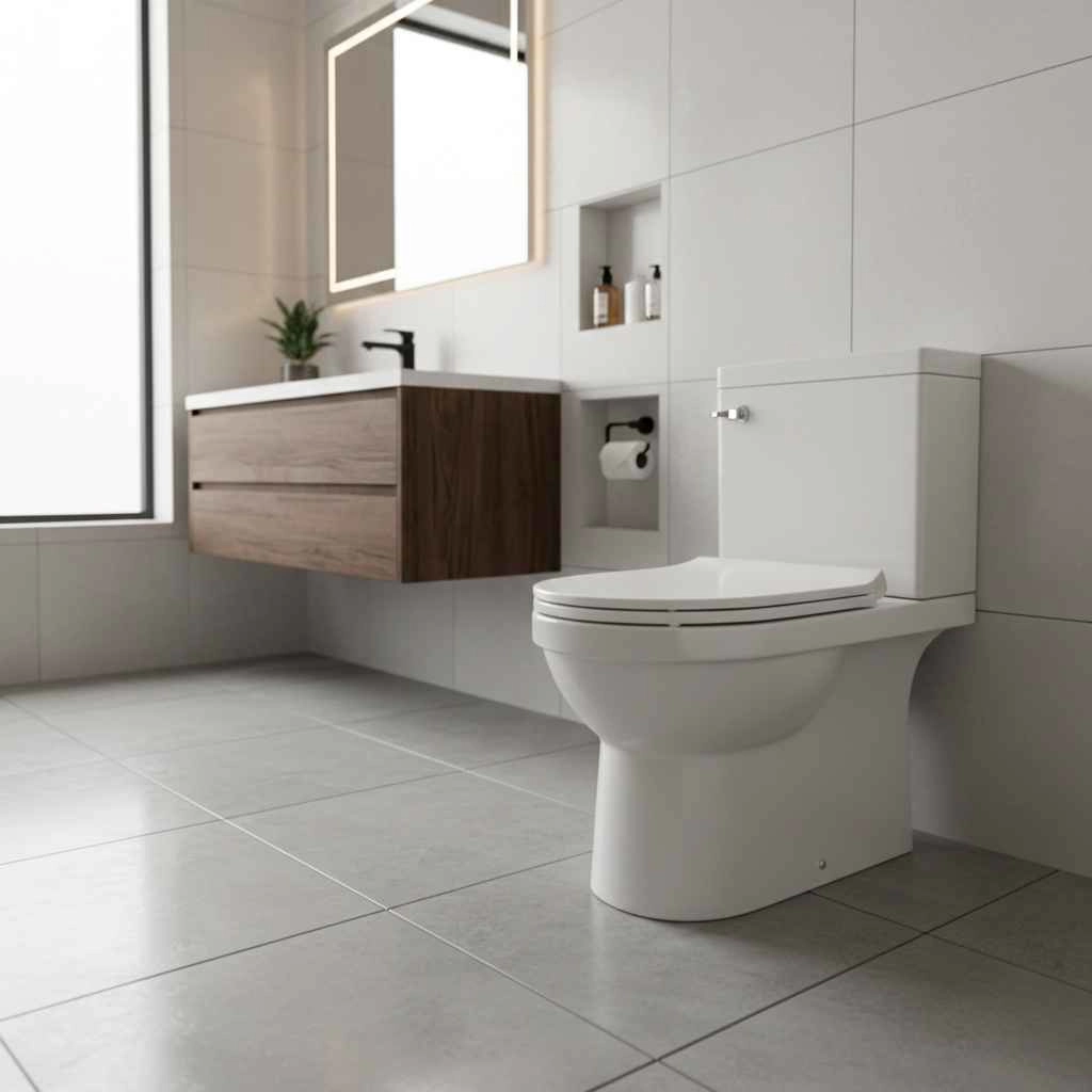 Modern high-efficiency toilet installed in bathroom