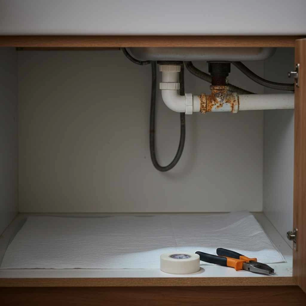 Plumber inspecting exposed pipe under sink