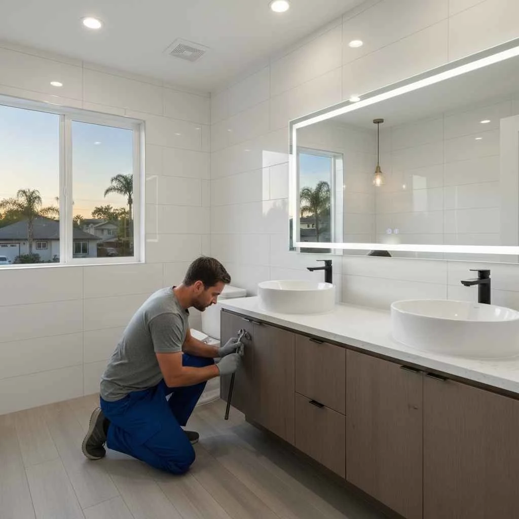 Plumber installing new bathroom sink