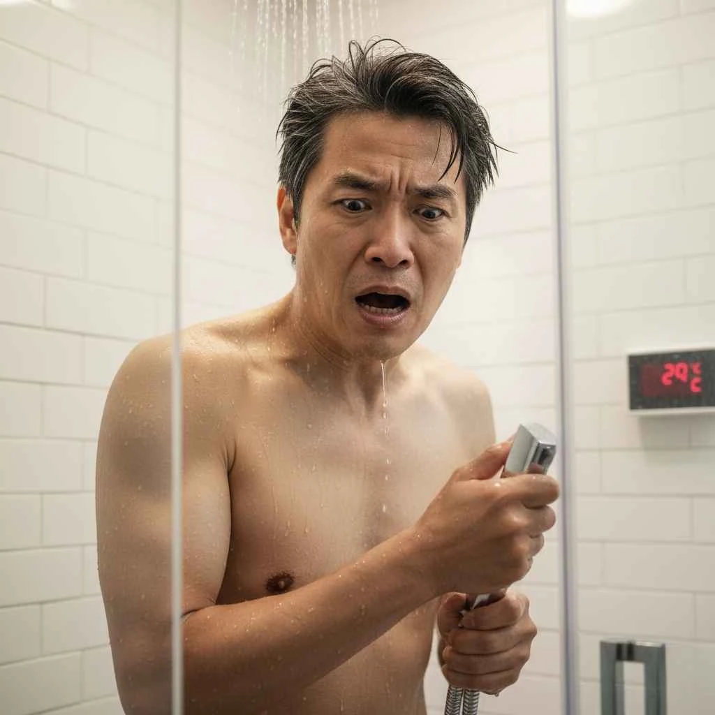 frustrated homeowner adjusting shower temperature