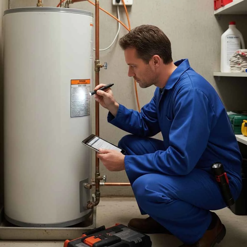 technician checking water heater serial number label