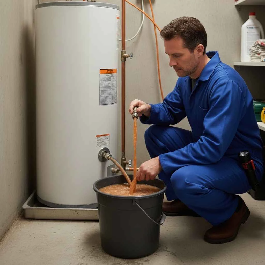 technician draining water heater to remove sediment