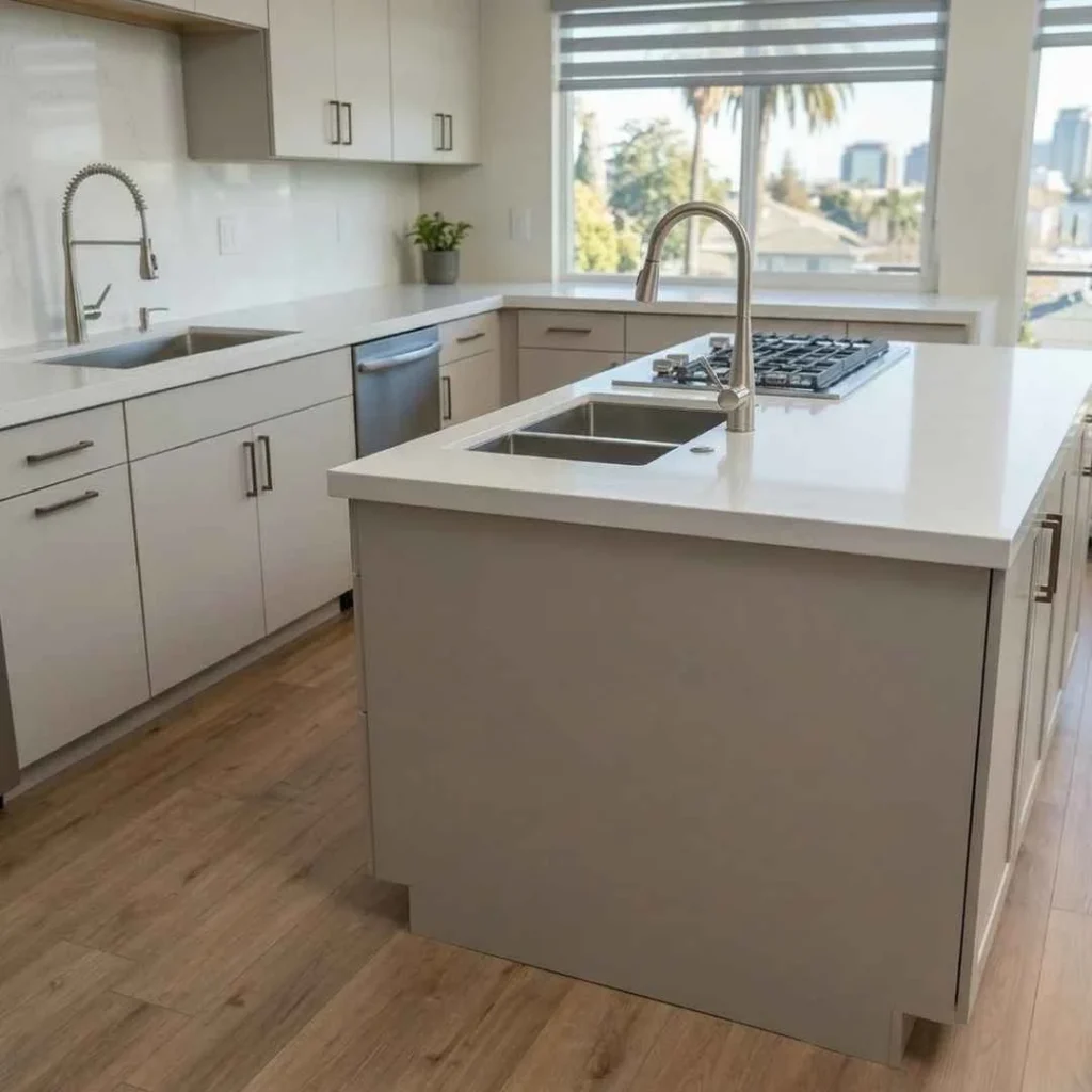 clean modern kitchen with stainless steel sink and faucet.