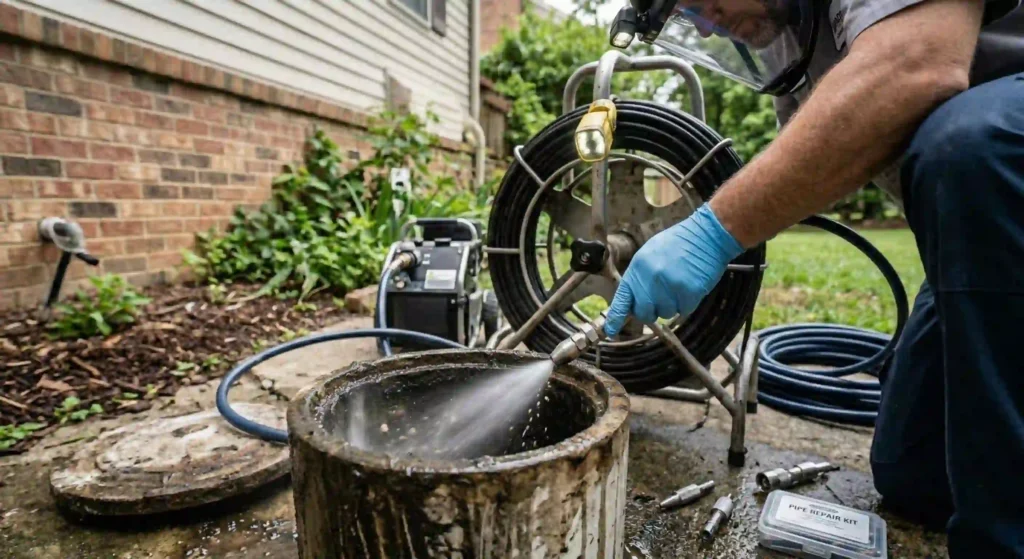 technician performing hydro jetting or targeted pipe repair.