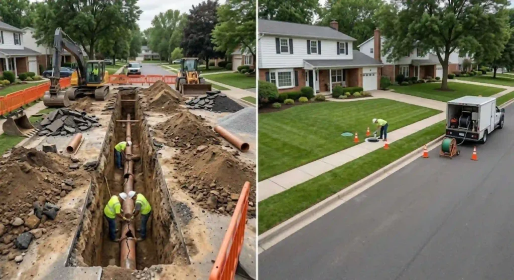 before-and-after comparison of traditional vs trenchless repair