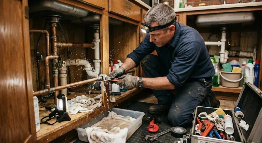 plumber repairing a leaking pipe