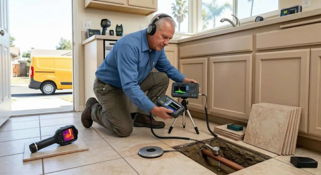 Technician using electronic leak detection equipment inside home