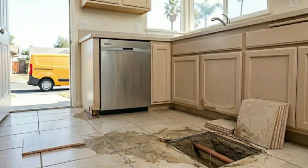 Water-damaged flooring caused by hidden slab leak