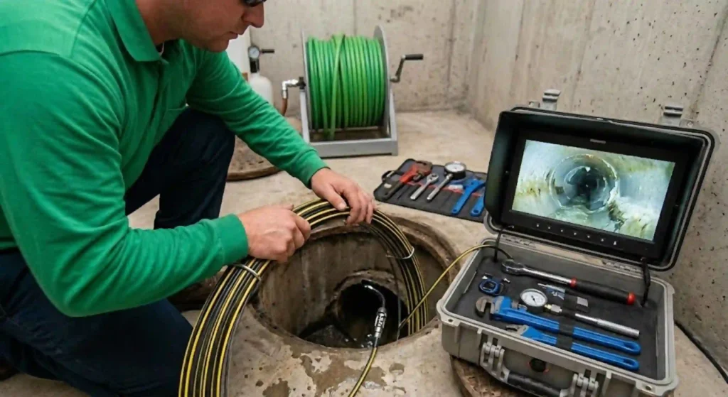 Technician performing sewer camera inspection before hydro-jetting