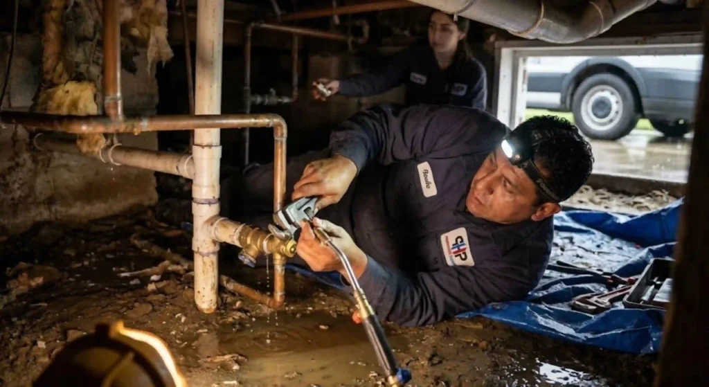 Emergency plumbing technician completing urgent plumbing repairs in Stockton CA