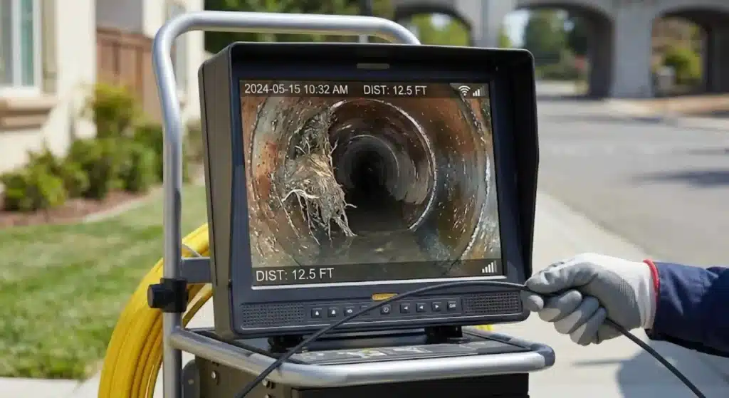 High-definition sewer camera detecting pipe blockage