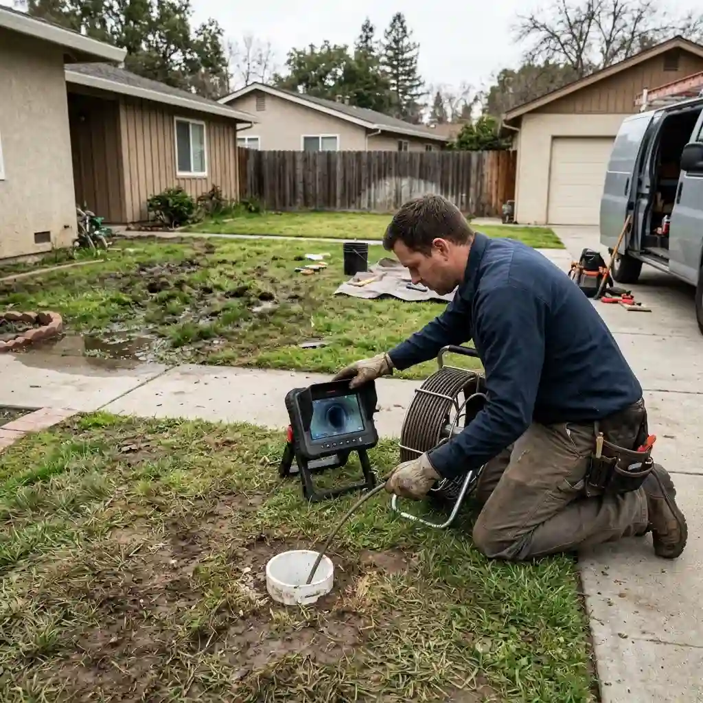 Plumber investigating persistent wet soil that may indicate an underground sewer line leak in Stockton, California.