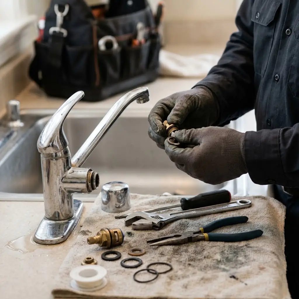 Powerhouse Plumbing professional inspecting a leaking kitchen faucet to determine whether repair is appropriate in Stockton, CA.