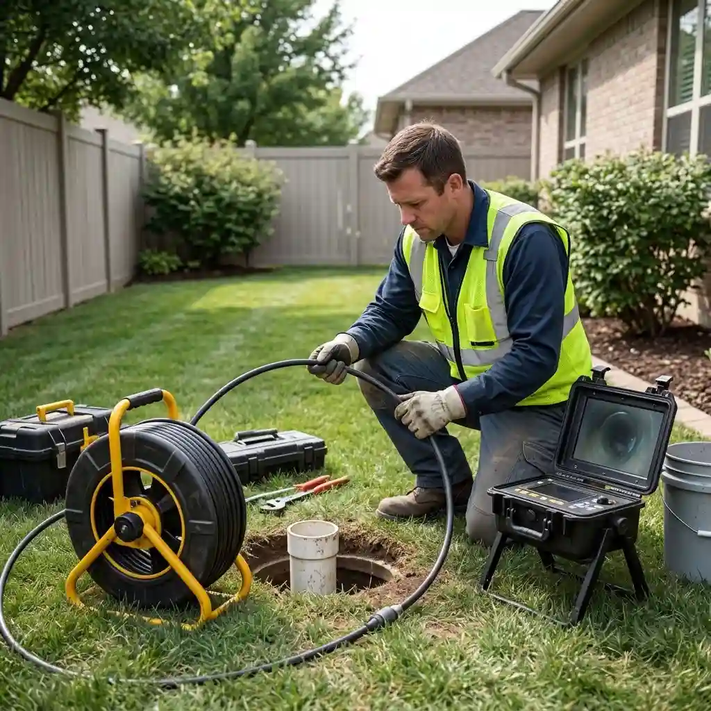 Powerhouse Plumbing professional inspecting and repairing a residential sewer line in Stockton, CA.
