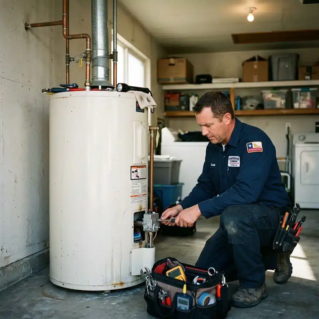 Powerhouse Plumbing technician completing professional Gas Water Heater service in Stockton