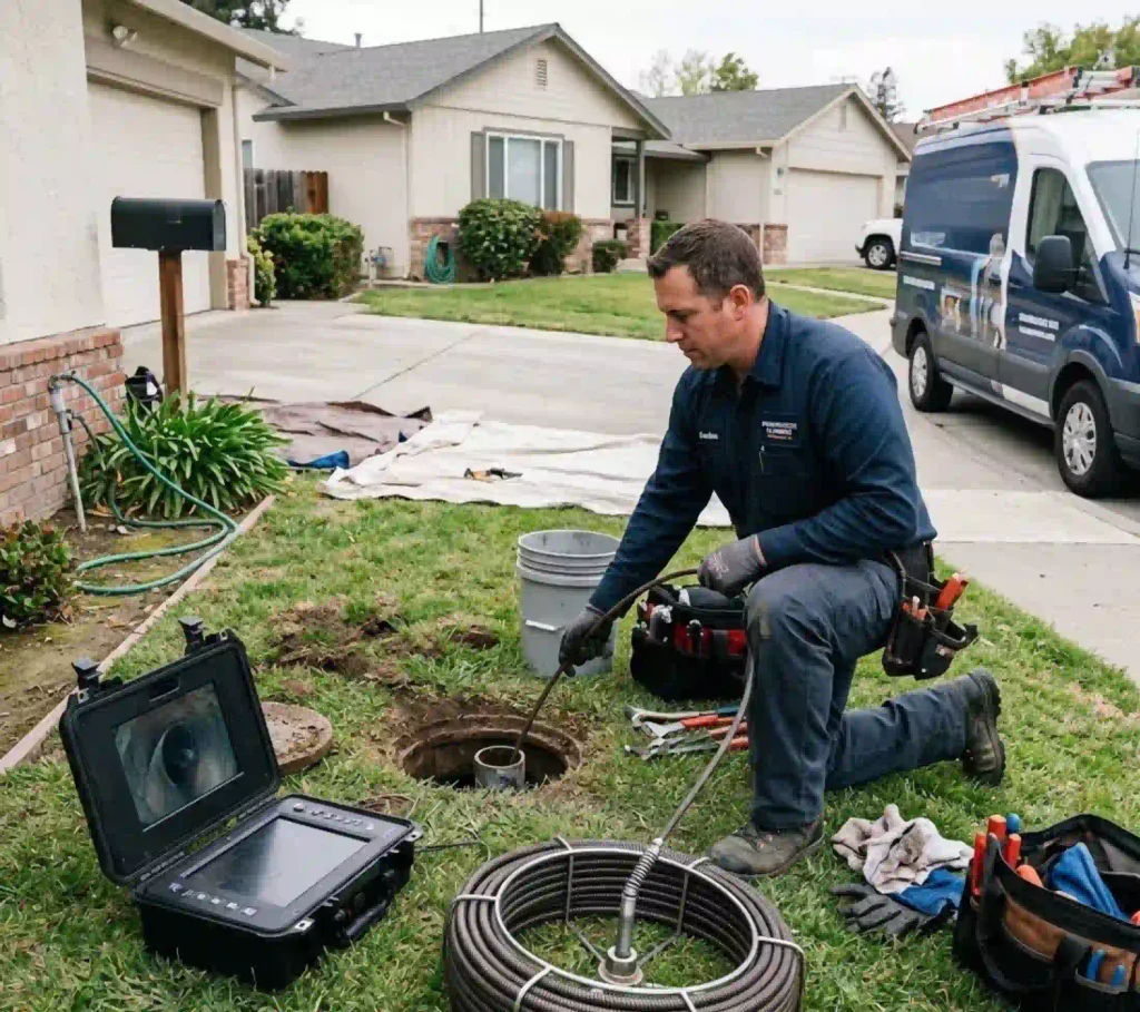 Powerhouse Plumbing technician completing sewer line service at a Stockton residential property