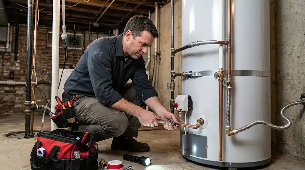 Professional Storage Tank Water Heater installation and plumbing inspection