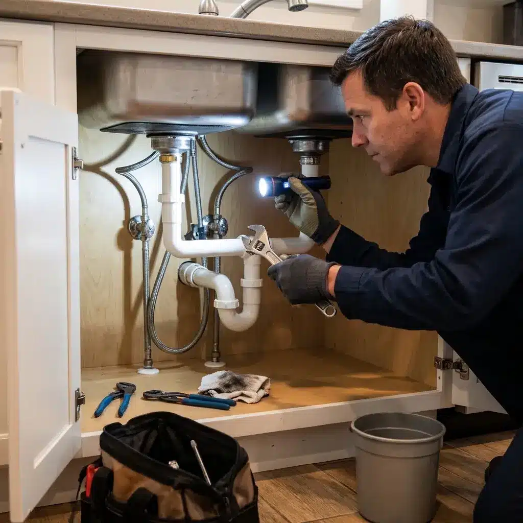 Professional plumber inspecting faucet supply lines and connections during a residential plumbing repair in Stockton, CA.