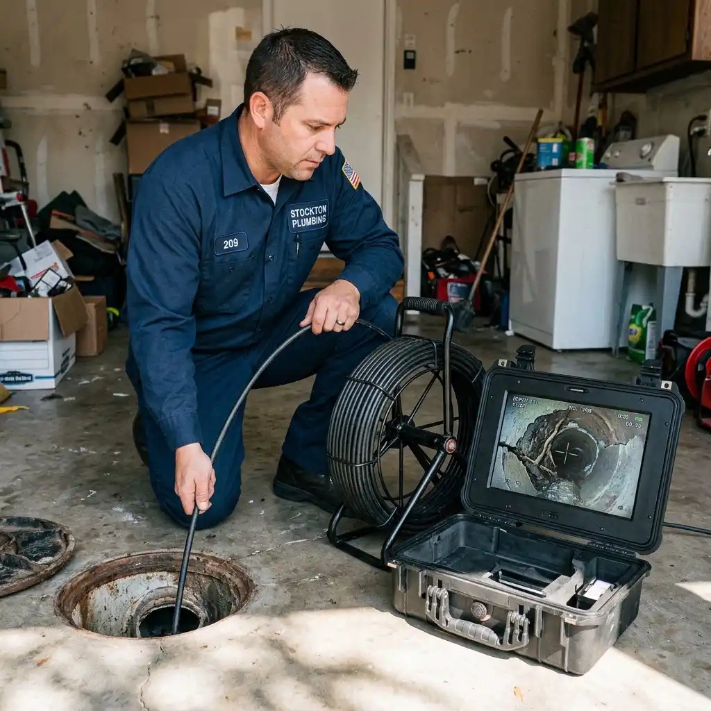 Sewer camera inspection identifying damaged underground pipe in a Stockton home