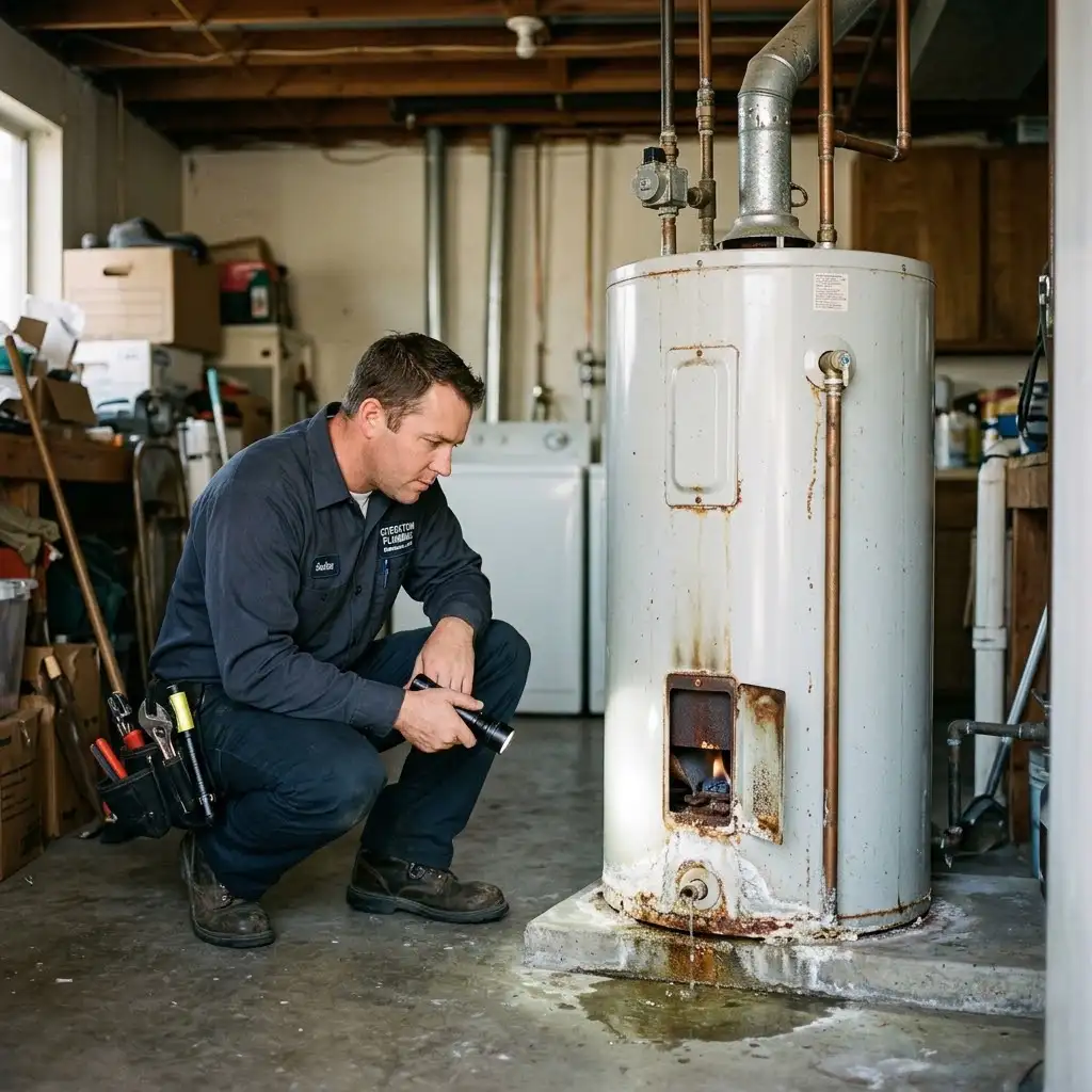 Stockton plumber examining a leaking gas water heater tank